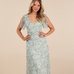 Lulus Dreamiest Desires Sage Green Floral Flutter Sleeve Maxi Dress - Size S